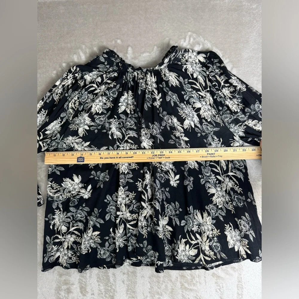 FREE PEOPLE Claudia Floral Blouse Large Black Ivory High Neck 3/4 Sleeve‎ Loose